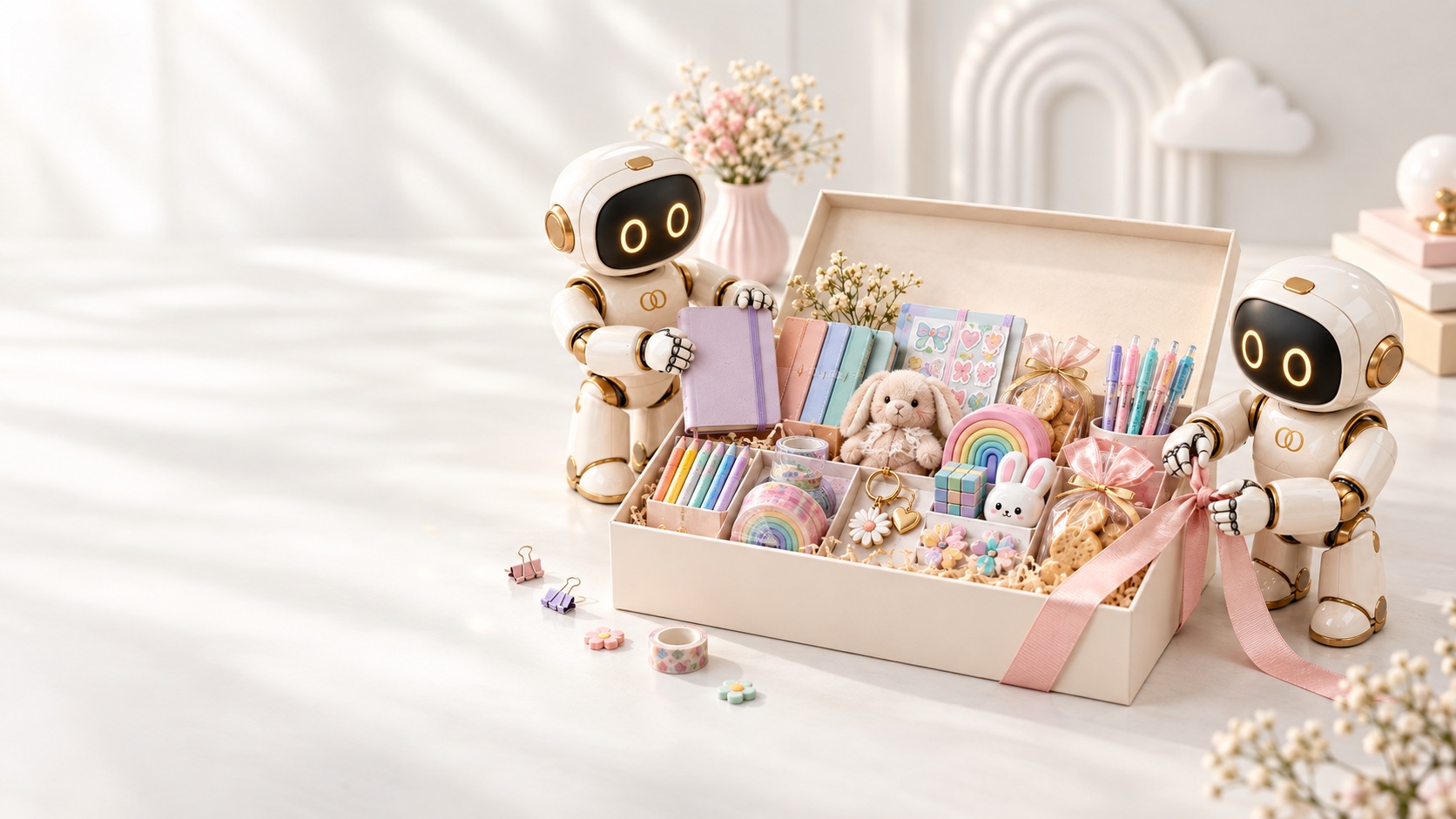 Two OO robots assembling a pastel Angroos Minis gift box filled with stationery, toys and tiny treats