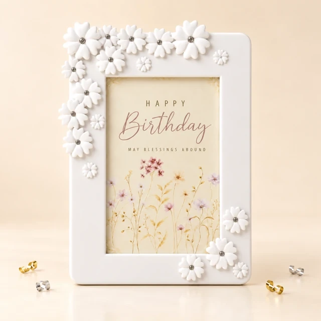 White Floral Tabletop Photo Frame, 6 × 4 Inch, front display with illustrative artwork