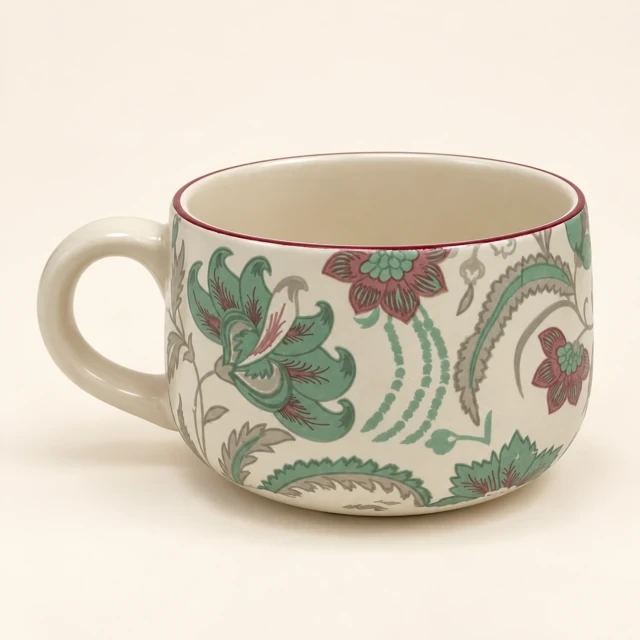 Floral Ceramic Mug with Green Pattern and Red Rim — featured view