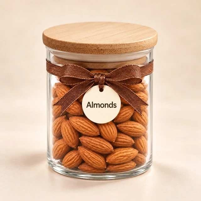 Angroos Whole Almonds in Small Wooden-Lid Glass Jar, 140 g, front presentation