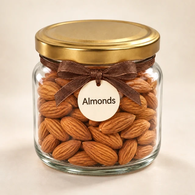 Angroos Whole Almonds in Wide Glass Bottle, 195 g, front presentation