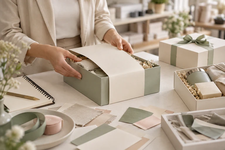 Corporate gifting concept: preparing coordinated gift packaging