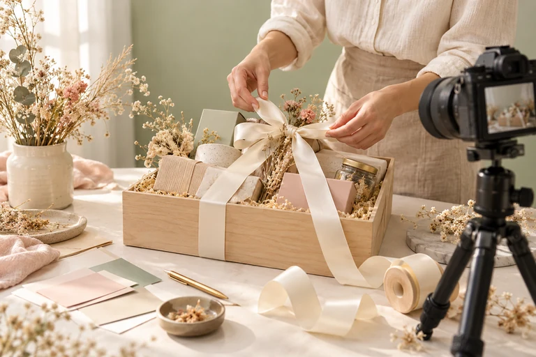 Creative marketing concept: styling a gift hamper for a product photoshoot