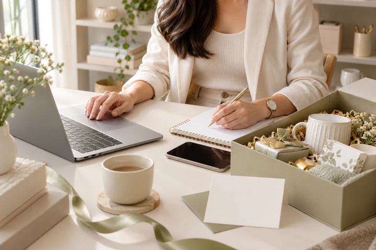 Customer experience concept: hands coordinating gift orders at a laptop, with no face visible