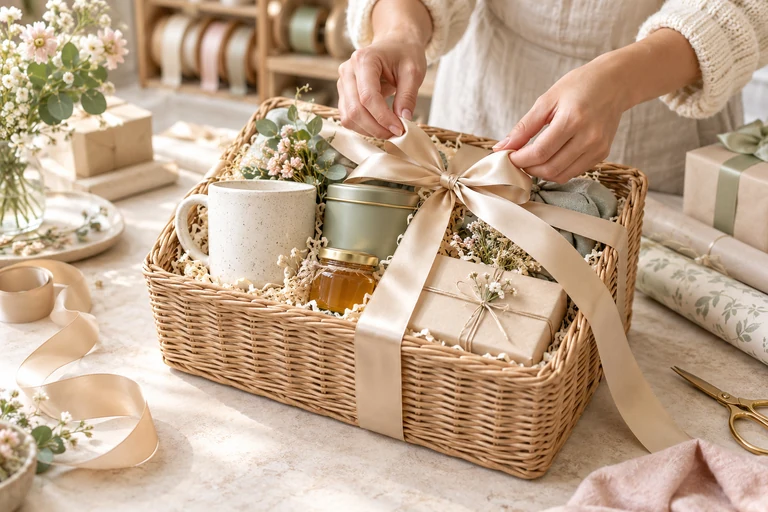 Gift curation concept: hands finishing a ribbon on a hamper