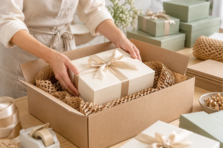 Packing concept: carefully placing a ribbon-tied gift box into protective honeycomb packaging