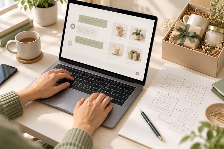 AI experience concept: hands planning a gift assistant interface with a laptop and workflow sketches
