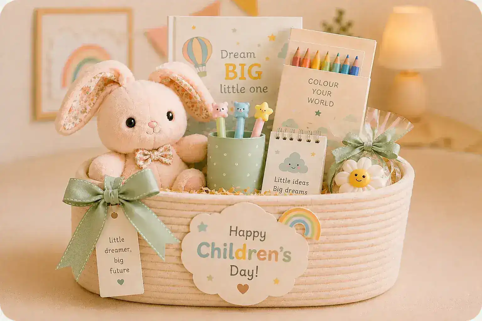 Children’s Day gift basket with a plush bunny, notebook, coloured pencils, stationery and cheerful keepsakes