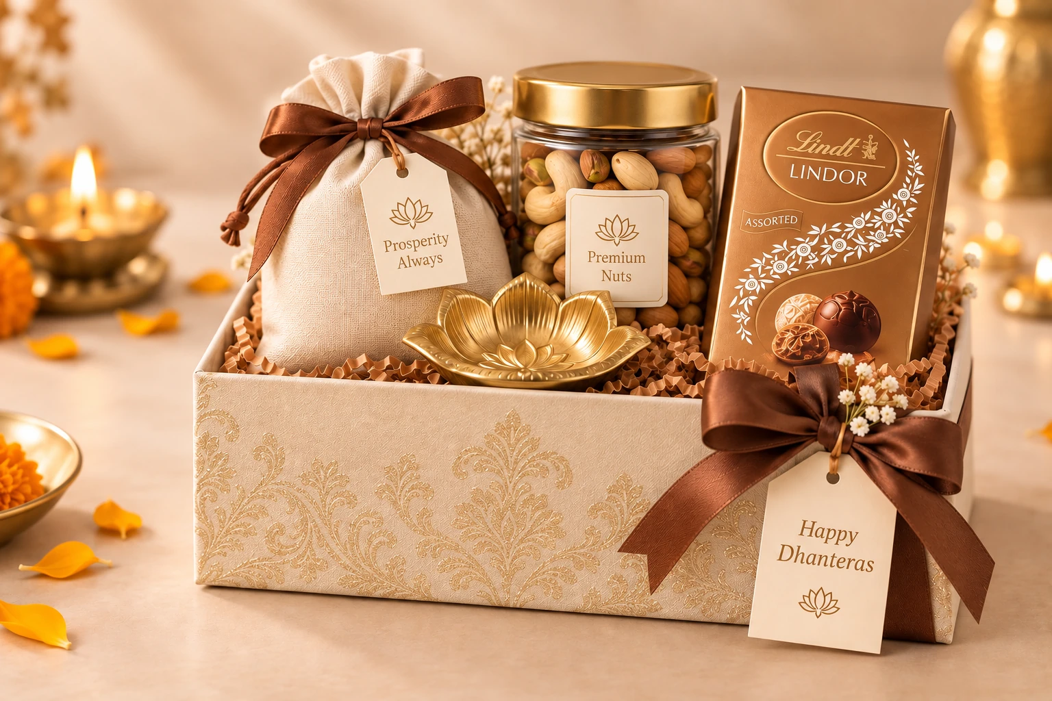 Dhanteras gift hamper with a prosperity pouch, mixed nuts, chocolates and a brass lotus diya