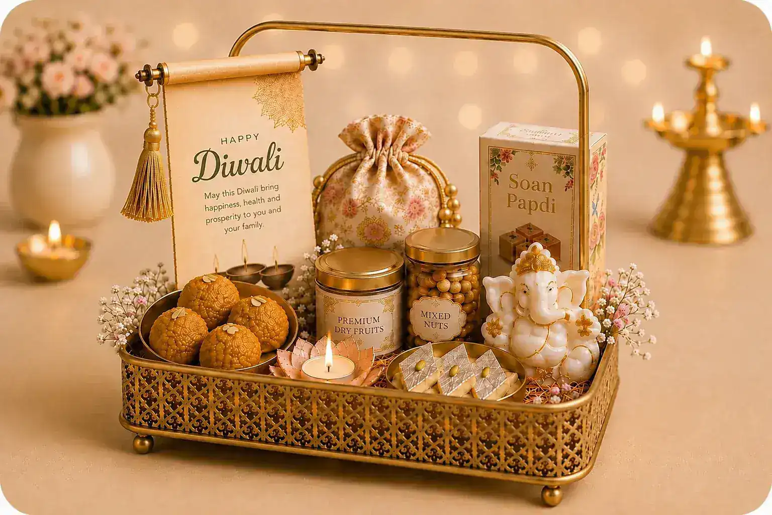 Premium Diwali hamper with ladoos, dry fruits, mixed nuts, soan papdi, Ganesha figurine and diya