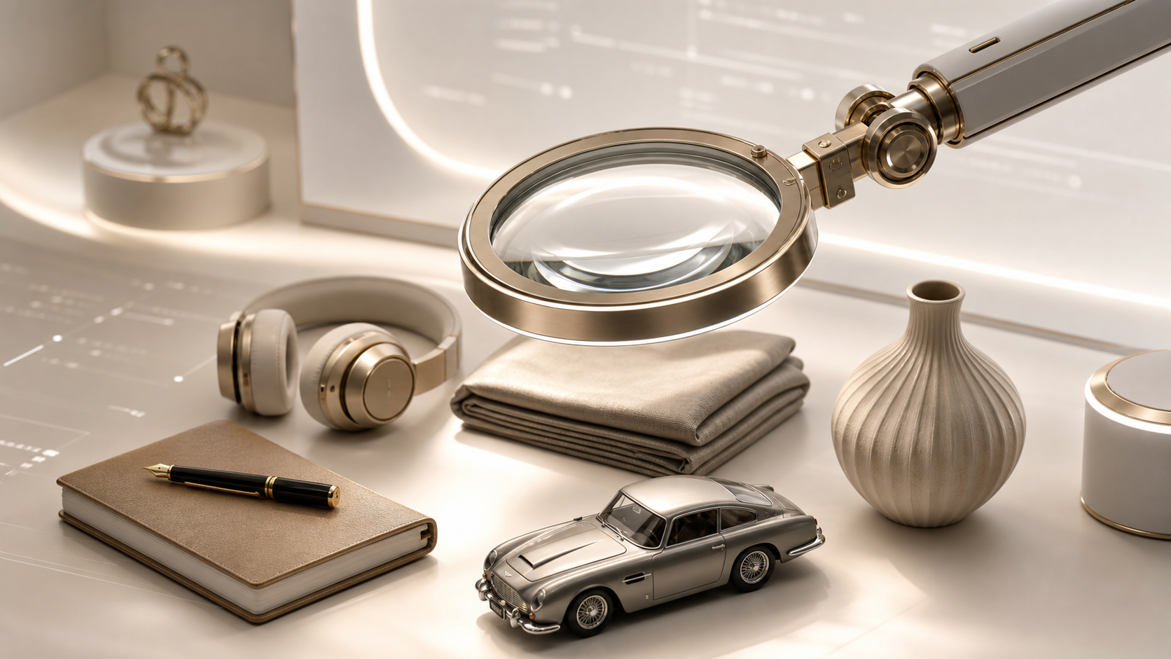 A futuristic Angroos sourcing lens assessing a car, fabric, stationery, gadgets and home decor
